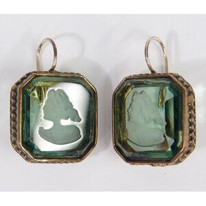 Vtg 90s EXTASIA Green Glass Intaglio Cameo Victorian Style Gold Octagon Handmade